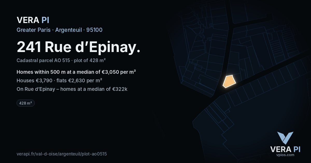 241 Rue d’Epinay, Argenteuil at night – the plot lit, the parcels around coloured by the prices near them