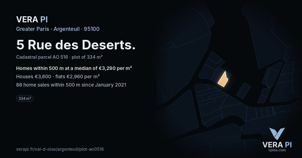 5 Rue des Deserts, Argenteuil at night – the plot lit, the parcels around coloured by the prices near them