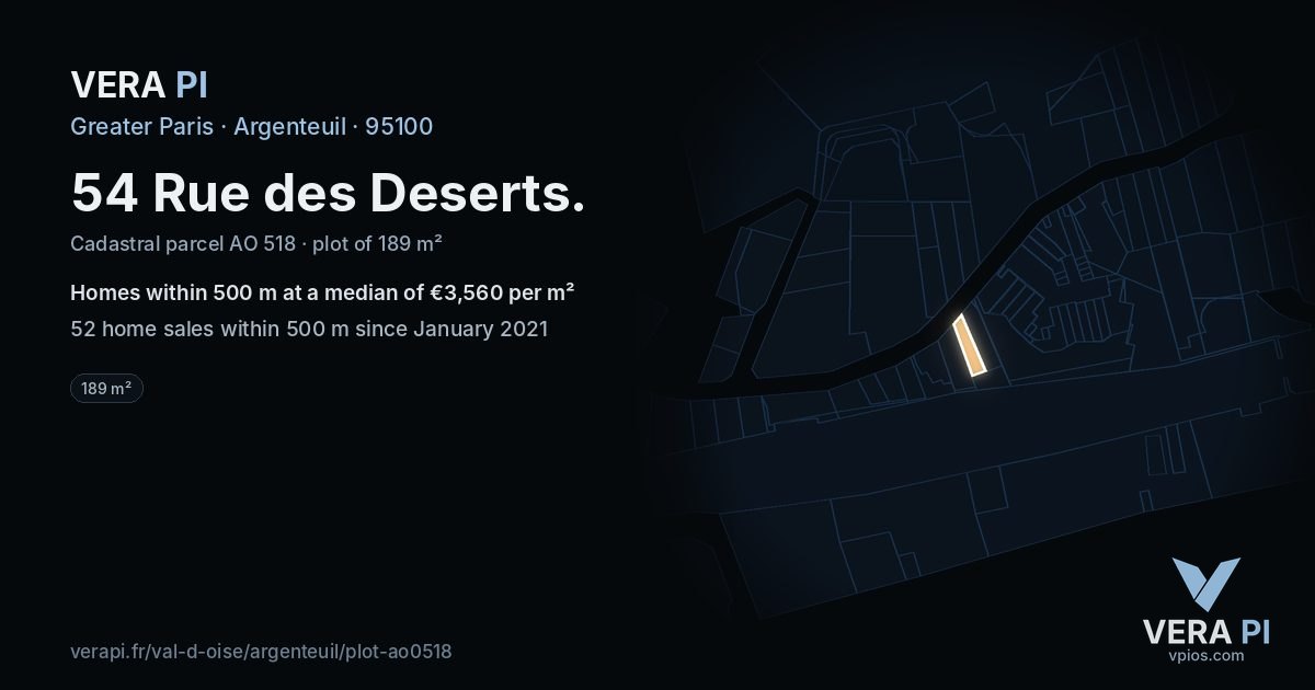 54 Rue des Deserts, Argenteuil at night – the plot lit, the parcels around coloured by the prices near them