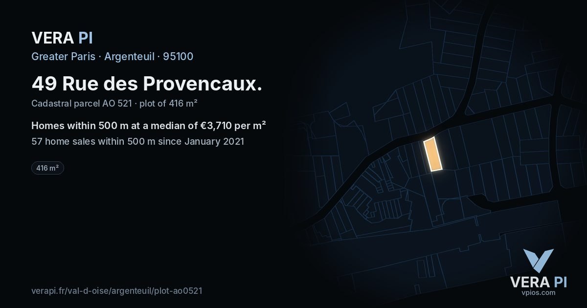 49 Rue des Provencaux, Argenteuil at night – the plot lit, the parcels around coloured by the prices near them