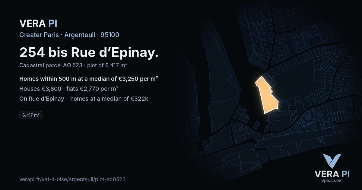 254 bis Rue d’Epinay, Argenteuil at night – the plot lit, the parcels around coloured by the prices near them