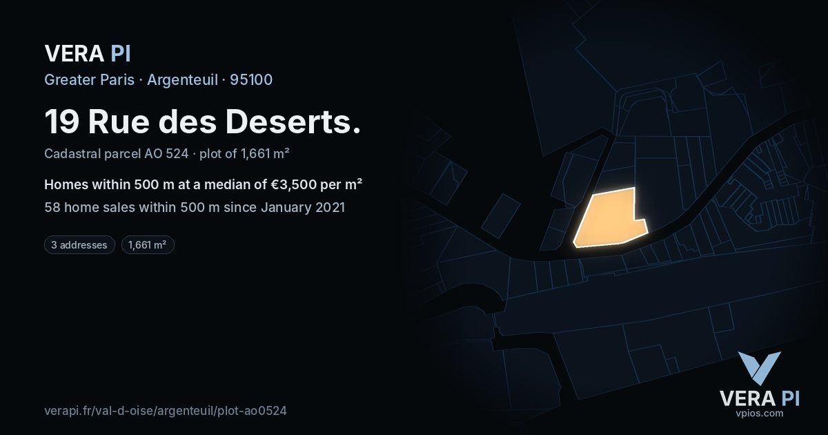 19 Rue des Deserts, Argenteuil at night – the plot lit, the parcels around coloured by the prices near them