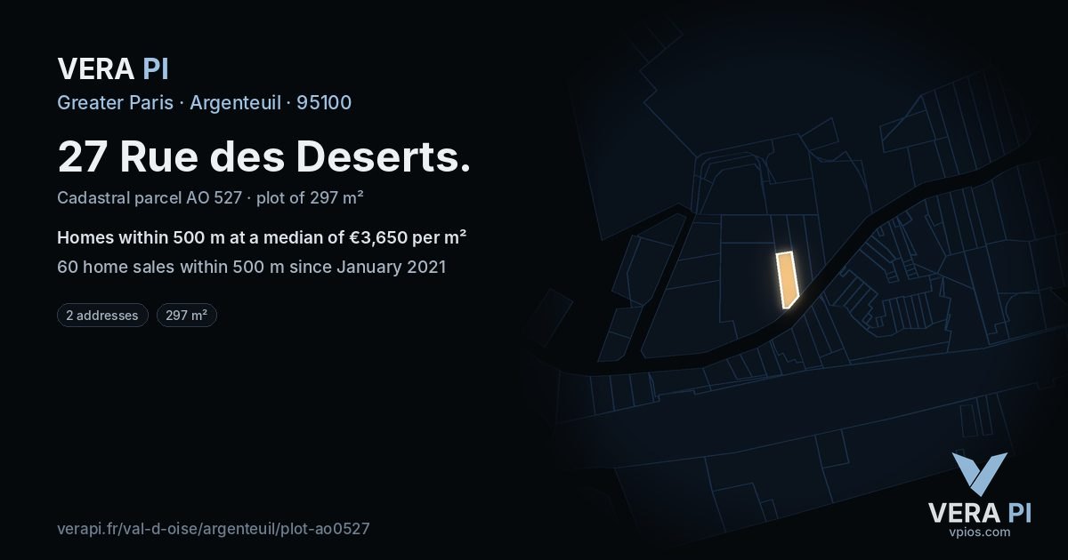27 Rue des Deserts, Argenteuil at night – the plot lit, the parcels around coloured by the prices near them