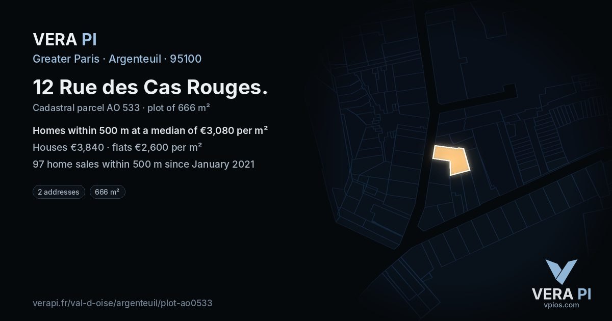 12 Rue des Cas Rouges, Argenteuil at night – the plot lit, the parcels around coloured by the prices near them