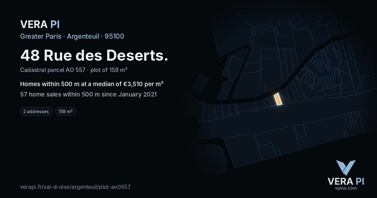 48 Rue des Deserts, Argenteuil at night – the plot lit, the parcels around coloured by the prices near them