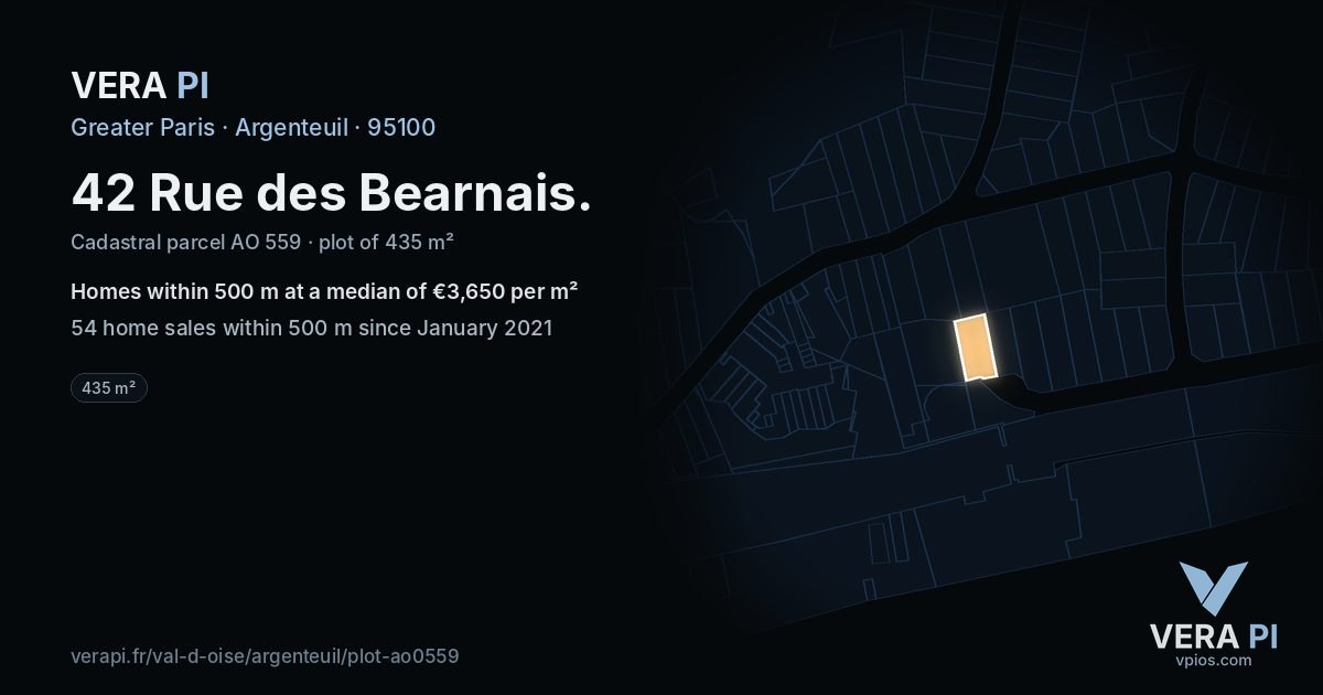 42 Rue des Bearnais, Argenteuil at night – the plot lit, the parcels around coloured by the prices near them