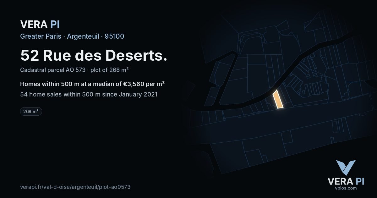 52 Rue des Deserts, Argenteuil at night – the plot lit, the parcels around coloured by the prices near them