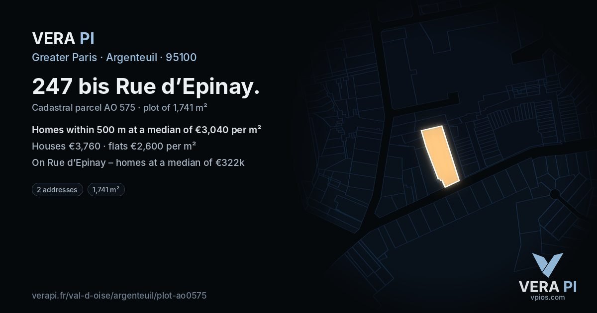 247 bis Rue d’Epinay, Argenteuil at night – the plot lit, the parcels around coloured by the prices near them