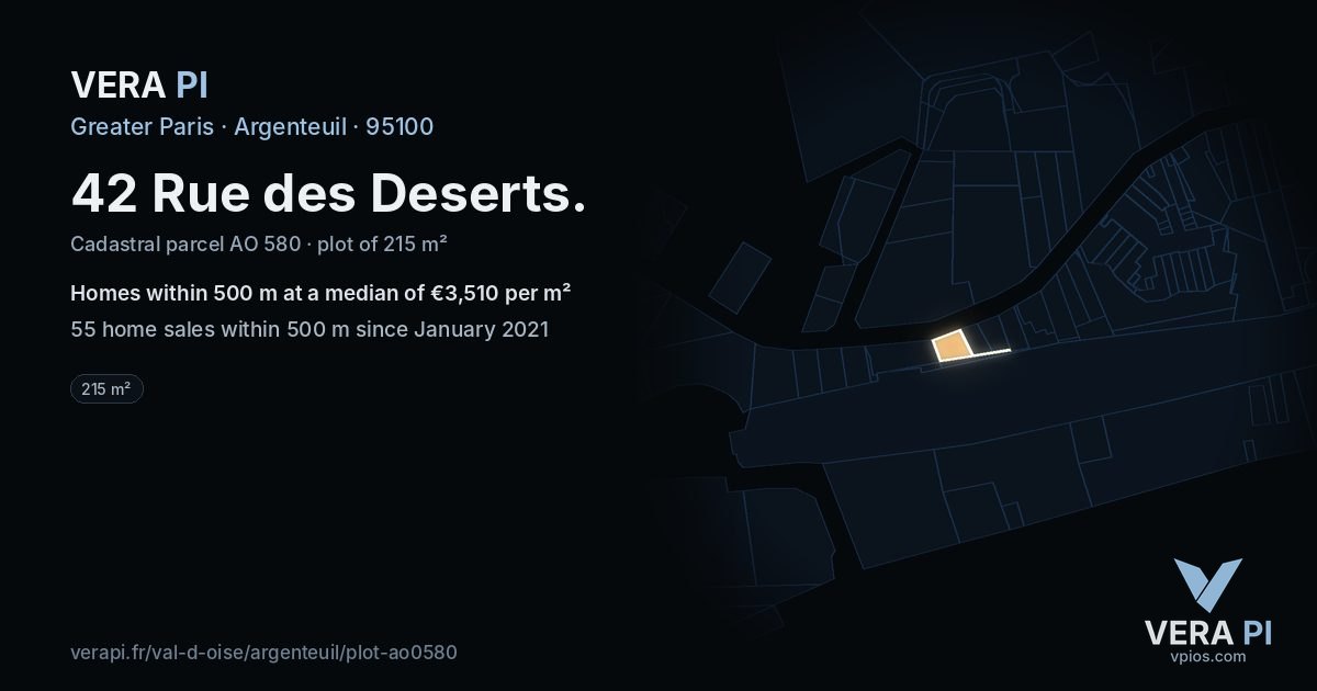 42 Rue des Deserts, Argenteuil at night – the plot lit, the parcels around coloured by the prices near them