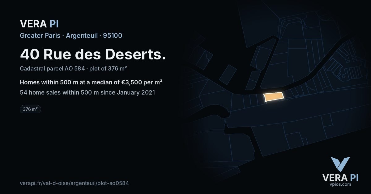 40 Rue des Deserts, Argenteuil at night – the plot lit, the parcels around coloured by the prices near them