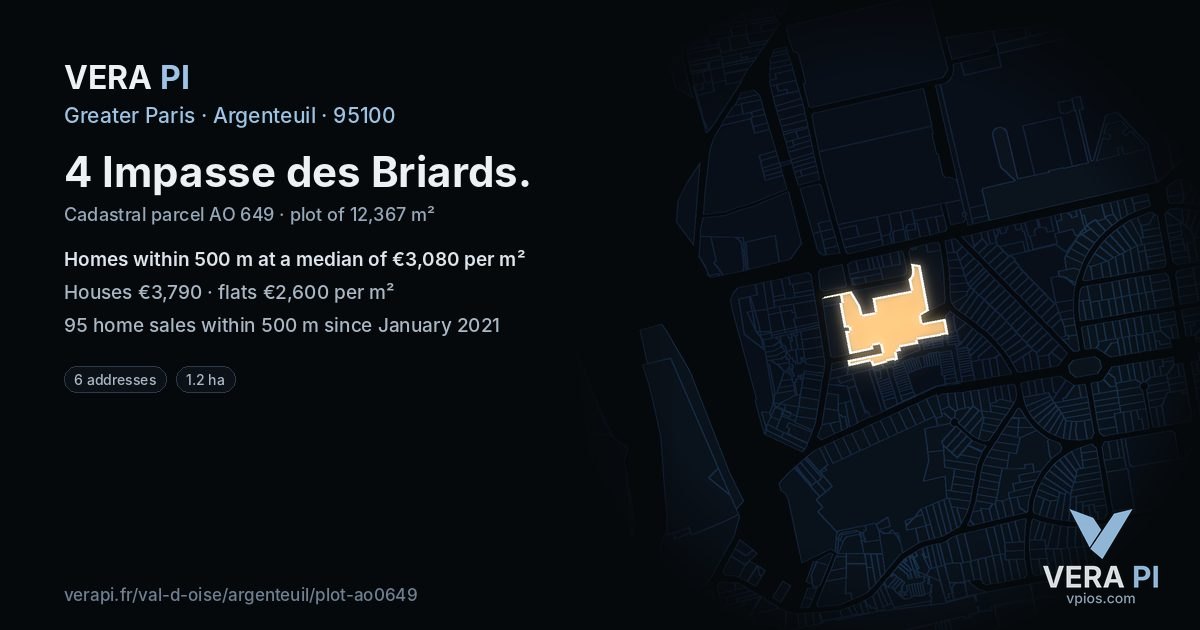 4 Impasse des Briards, Argenteuil at night – the plot lit, the parcels around coloured by the prices near them