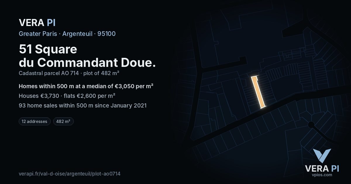 51 Square du Commandant Doue, Argenteuil at night – the plot lit, the parcels around coloured by the prices near them