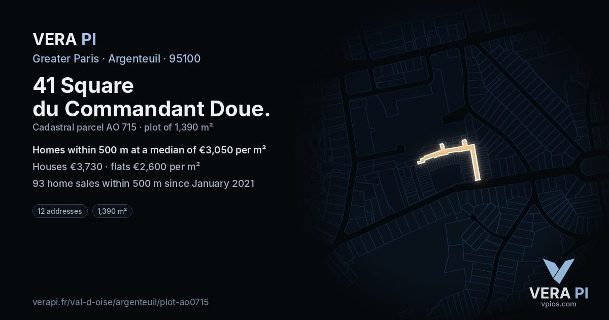 41 Square du Commandant Doue, Argenteuil at night – the plot lit, the parcels around coloured by the prices near them