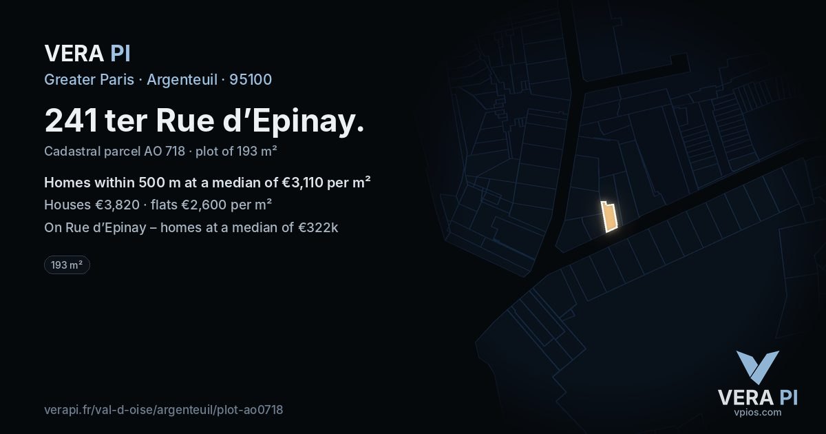 241 ter Rue d’Epinay, Argenteuil at night – the plot lit, the parcels around coloured by the prices near them