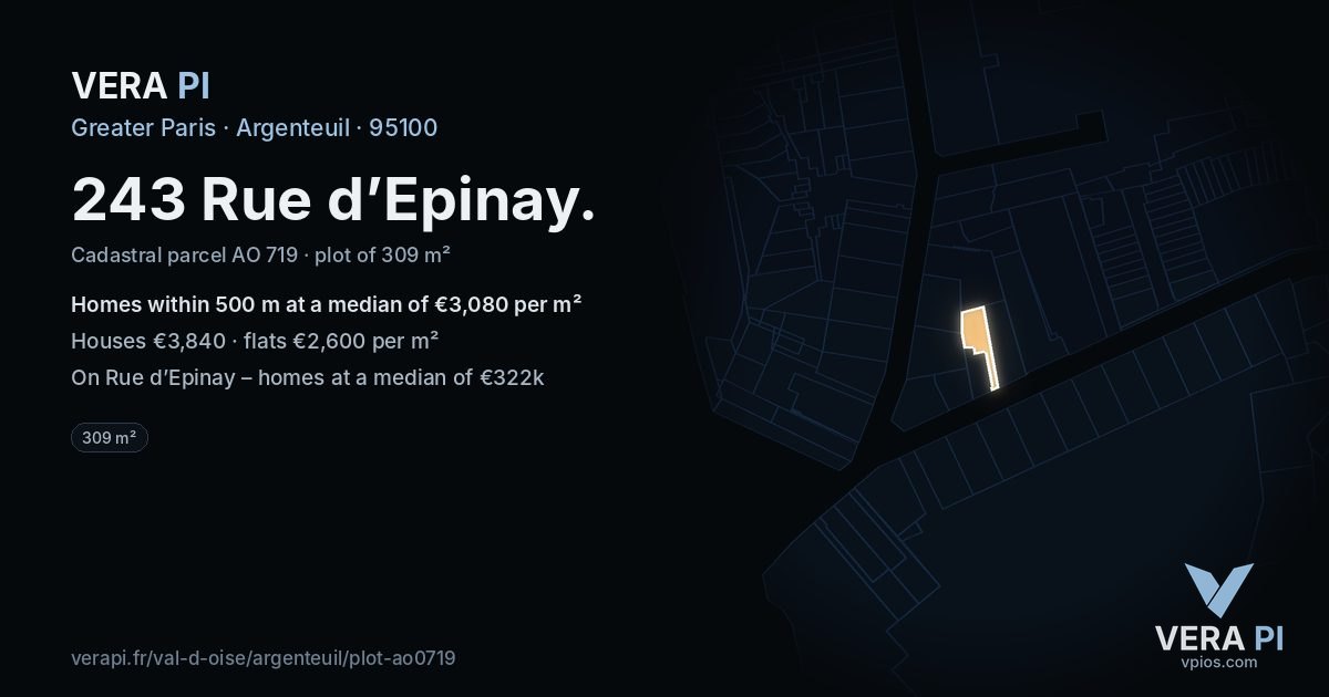 243 Rue d’Epinay, Argenteuil at night – the plot lit, the parcels around coloured by the prices near them