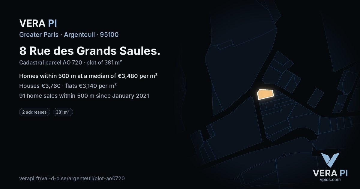 8 Rue des Grands Saules, Argenteuil at night – the plot lit, the parcels around coloured by the prices near them