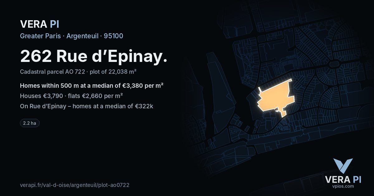 262 Rue d’Epinay, Argenteuil at night – the plot lit, the parcels around coloured by the prices near them