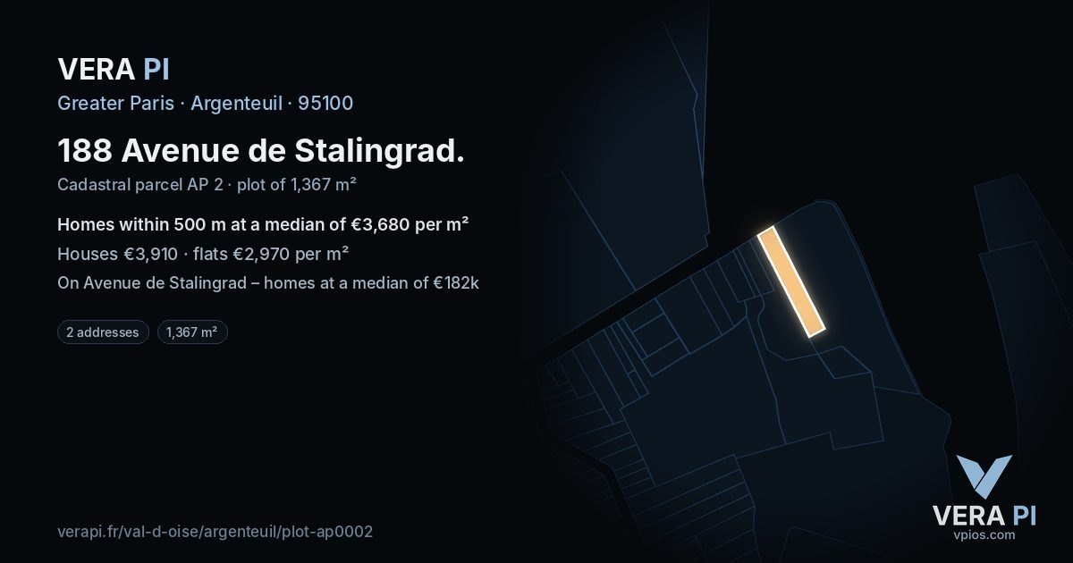 188 Avenue de Stalingrad, Argenteuil at night – the plot lit, the parcels around coloured by the prices near them