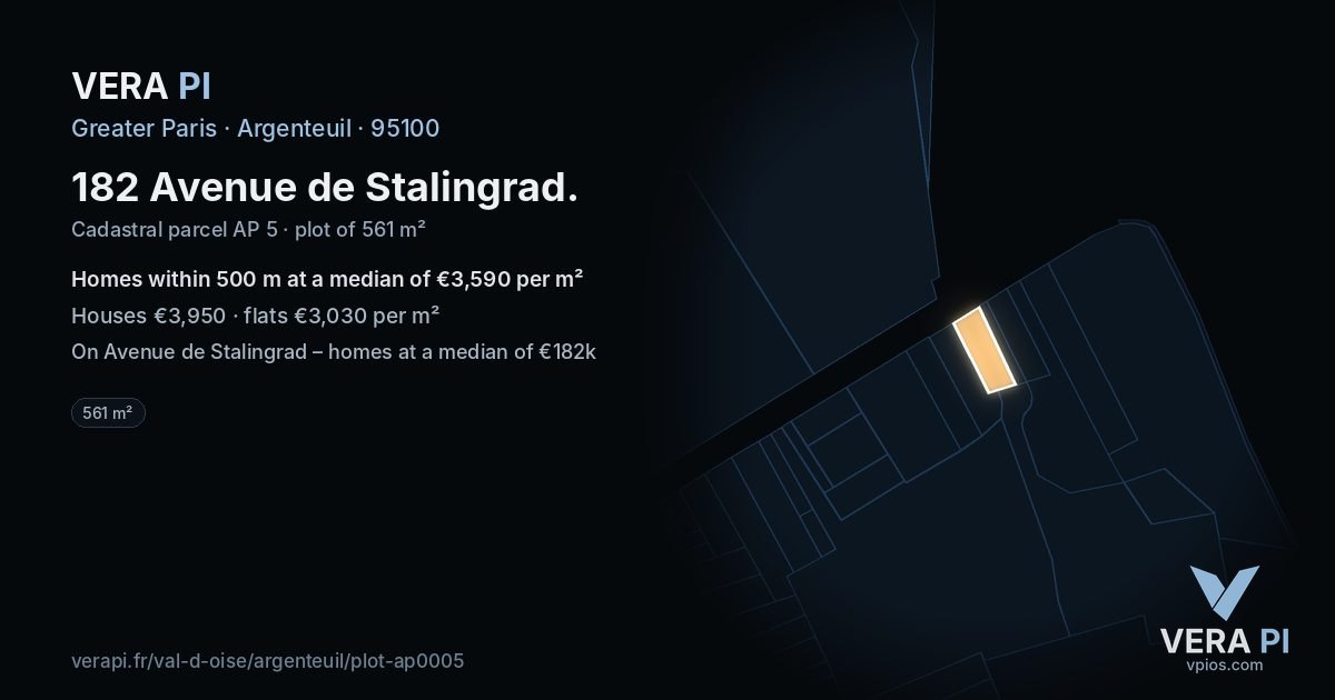 182 Avenue de Stalingrad, Argenteuil at night – the plot lit, the parcels around coloured by the prices near them