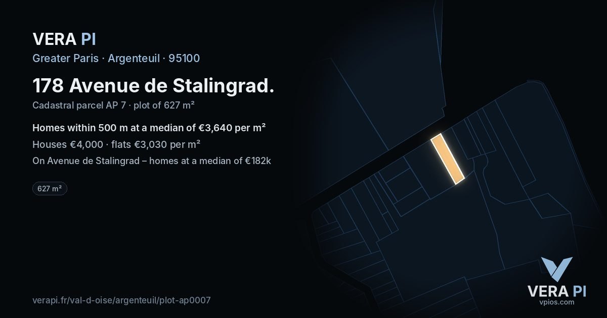 178 Avenue de Stalingrad, Argenteuil at night – the plot lit, the parcels around coloured by the prices near them