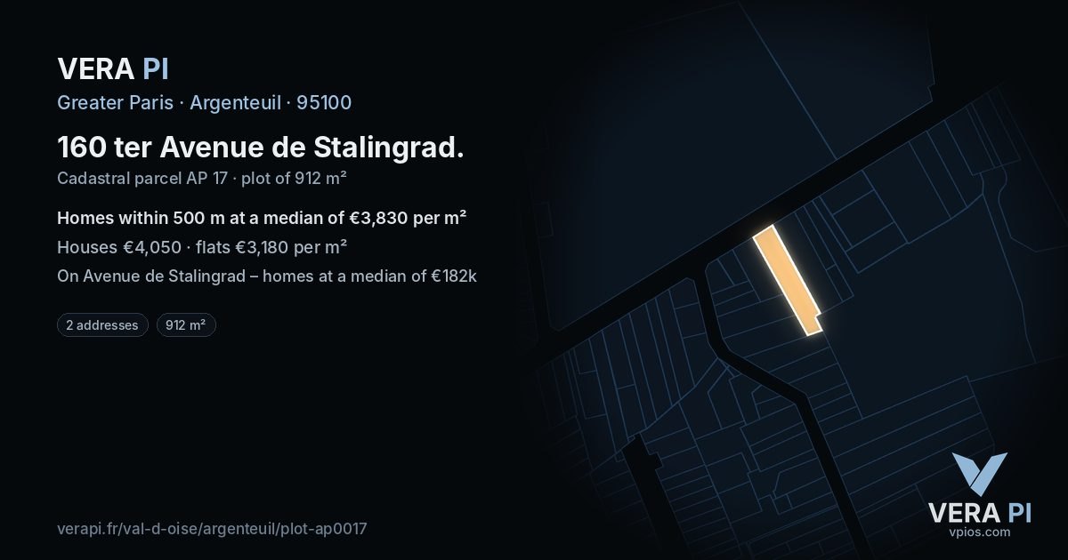 160 ter Avenue de Stalingrad, Argenteuil at night – the plot lit, the parcels around coloured by the prices near them