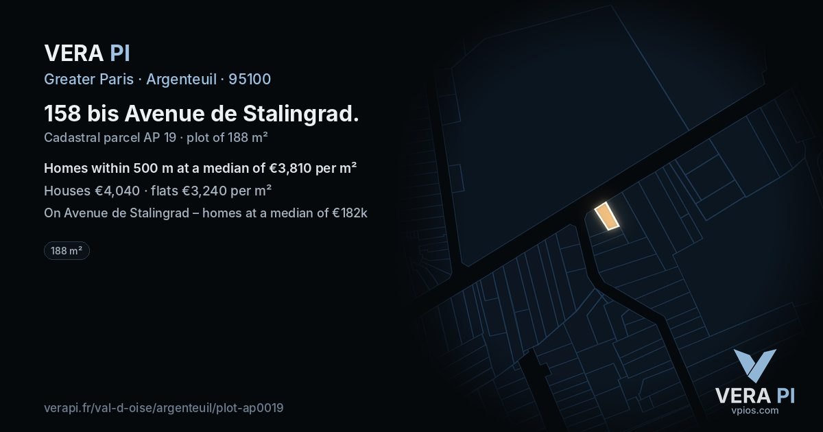 158 bis Avenue de Stalingrad, Argenteuil at night – the plot lit, the parcels around coloured by the prices near them