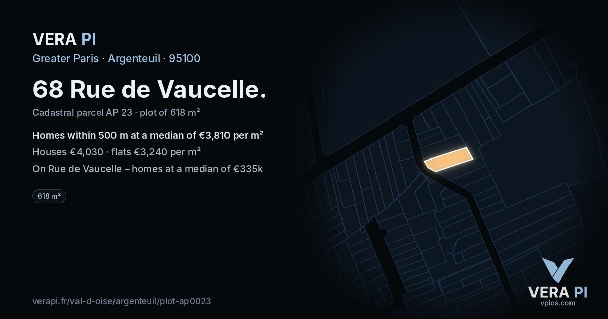 68 Rue de Vaucelle, Argenteuil at night – the plot lit, the parcels around coloured by the prices near them