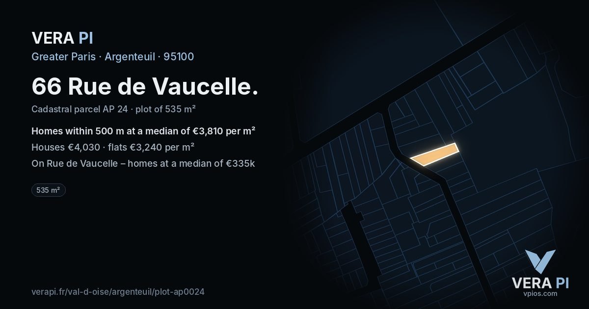 66 Rue de Vaucelle, Argenteuil at night – the plot lit, the parcels around coloured by the prices near them