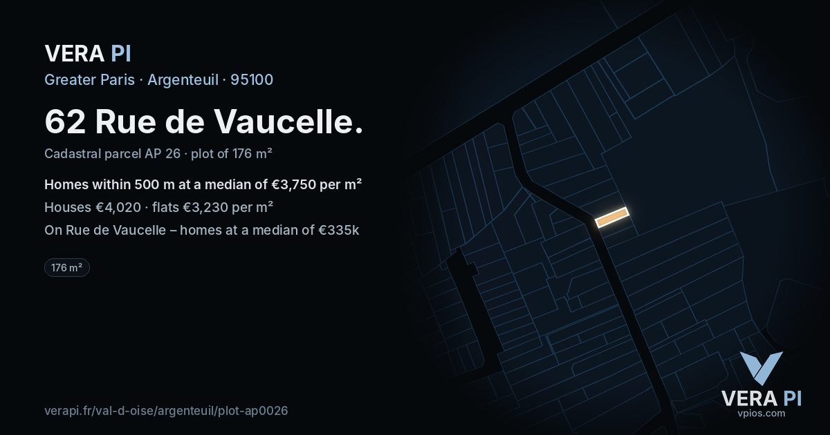 62 Rue de Vaucelle, Argenteuil at night – the plot lit, the parcels around coloured by the prices near them