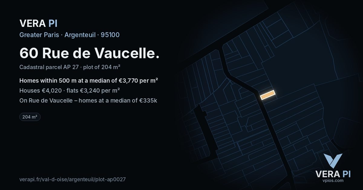 60 Rue de Vaucelle, Argenteuil at night – the plot lit, the parcels around coloured by the prices near them
