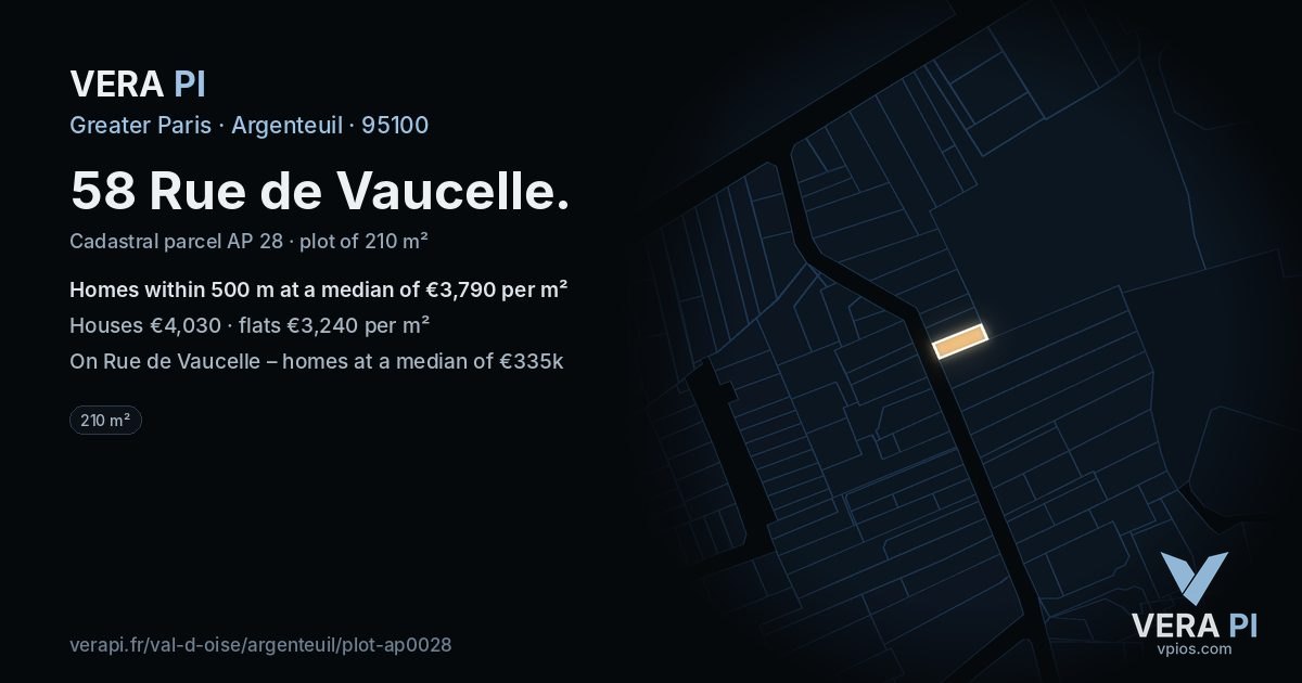 58 Rue de Vaucelle, Argenteuil at night – the plot lit, the parcels around coloured by the prices near them