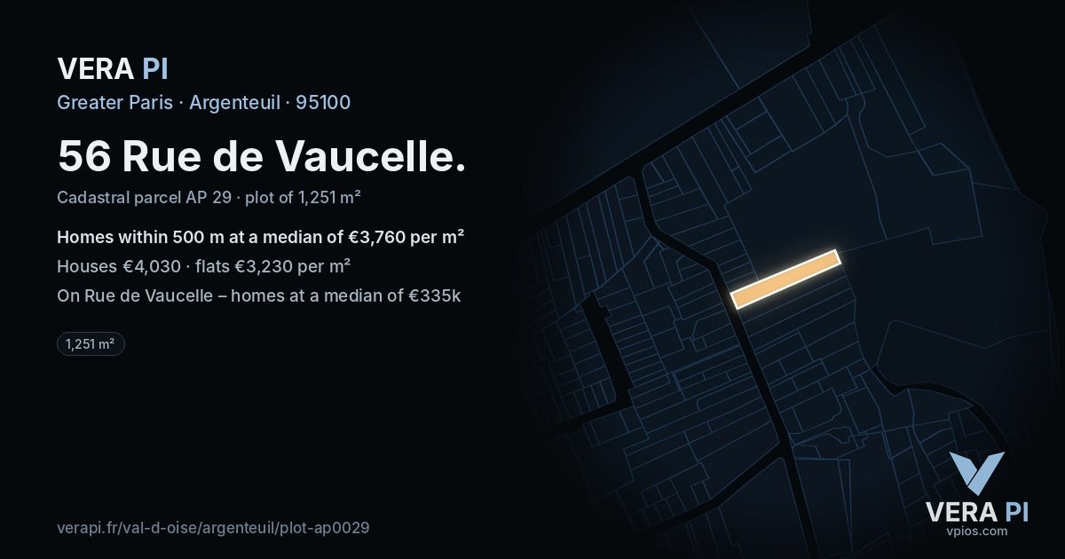 56 Rue de Vaucelle, Argenteuil at night – the plot lit, the parcels around coloured by the prices near them