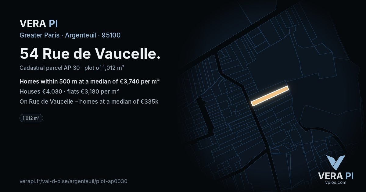 54 Rue de Vaucelle, Argenteuil at night – the plot lit, the parcels around coloured by the prices near them