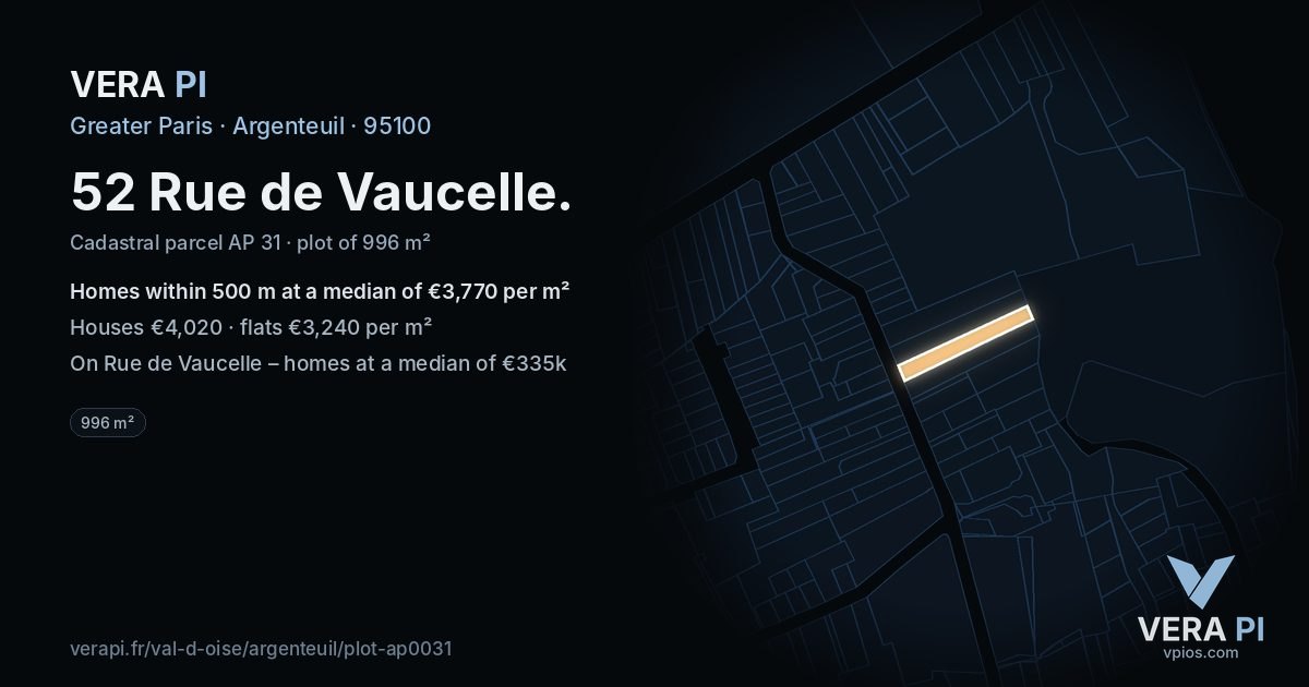 52 Rue de Vaucelle, Argenteuil at night – the plot lit, the parcels around coloured by the prices near them