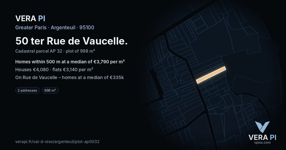 50 ter Rue de Vaucelle, Argenteuil at night – the plot lit, the parcels around coloured by the prices near them