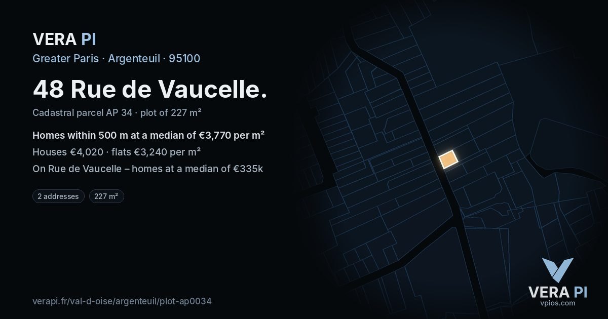 48 Rue de Vaucelle, Argenteuil at night – the plot lit, the parcels around coloured by the prices near them