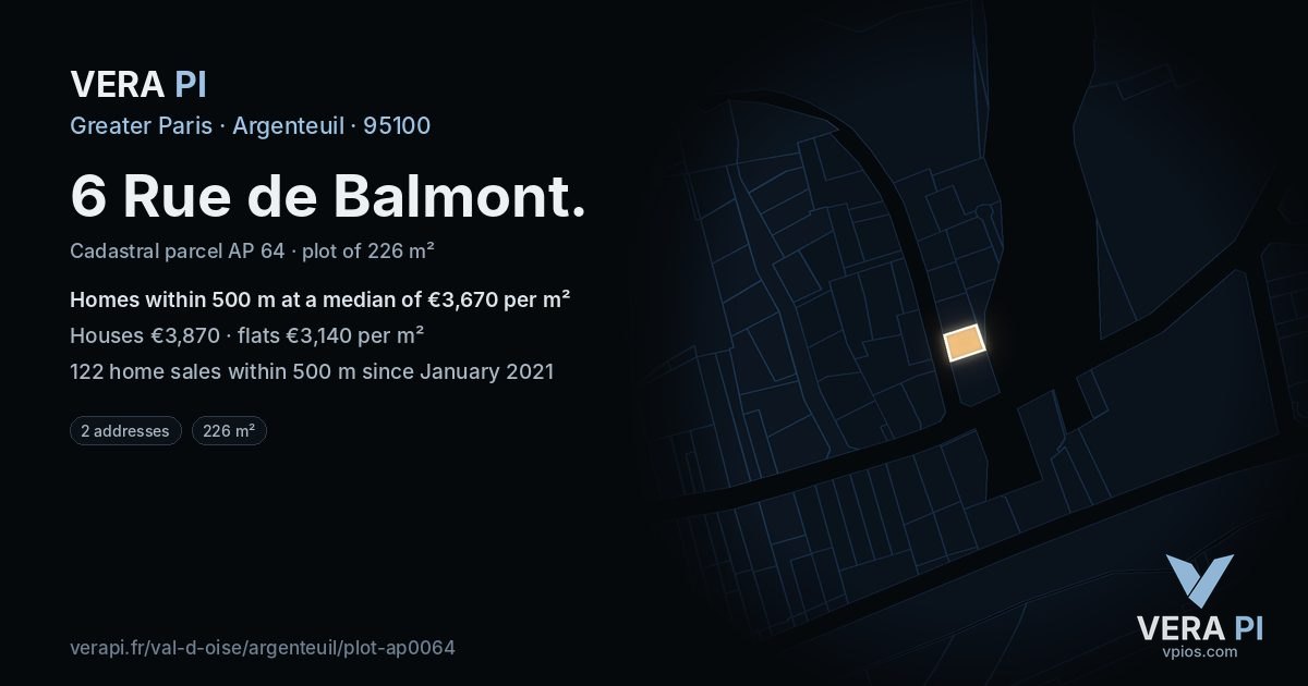 6 Rue de Balmont, Argenteuil at night – the plot lit, the parcels around coloured by the prices near them