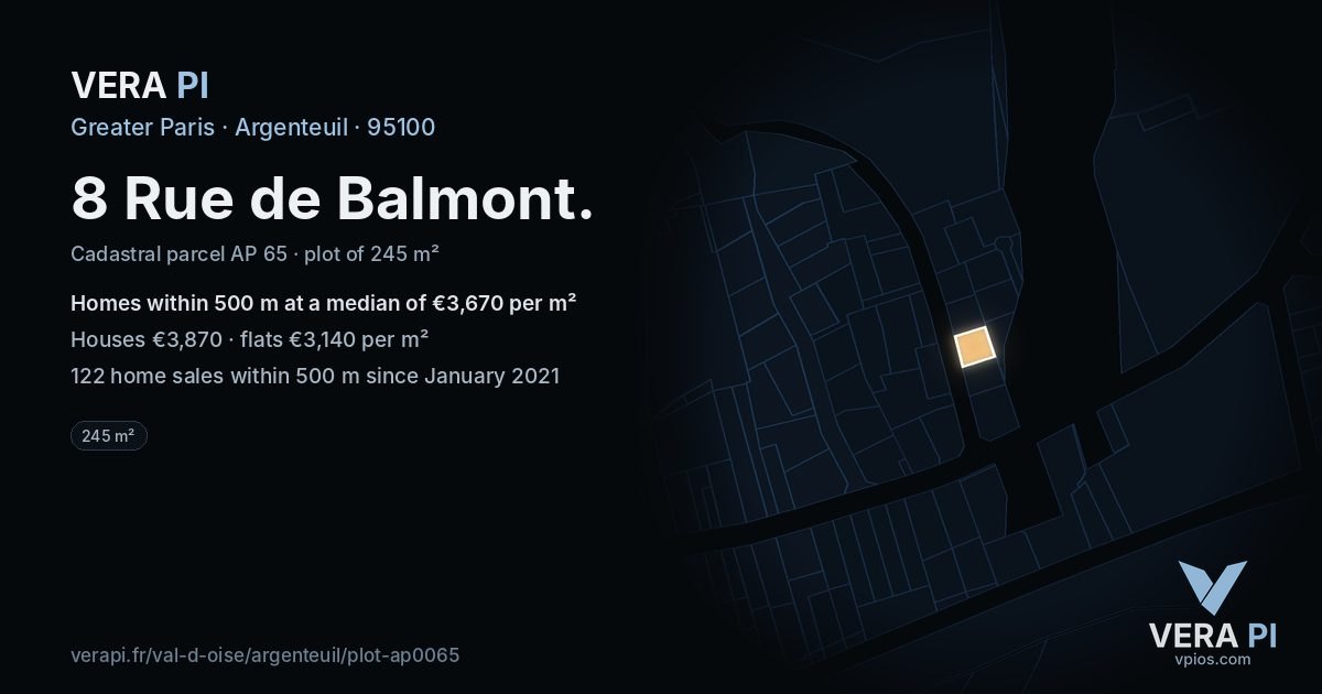 8 Rue de Balmont, Argenteuil at night – the plot lit, the parcels around coloured by the prices near them