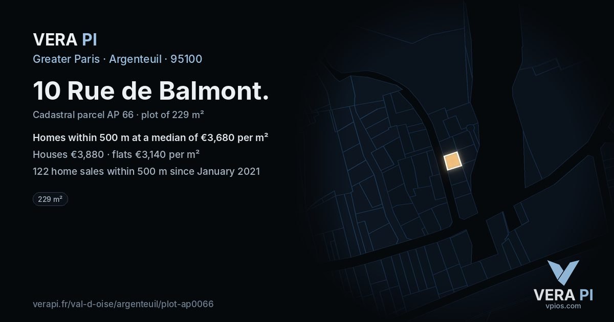 10 Rue de Balmont, Argenteuil at night – the plot lit, the parcels around coloured by the prices near them