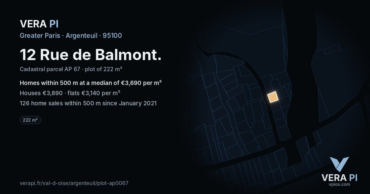 12 Rue de Balmont, Argenteuil at night – the plot lit, the parcels around coloured by the prices near them