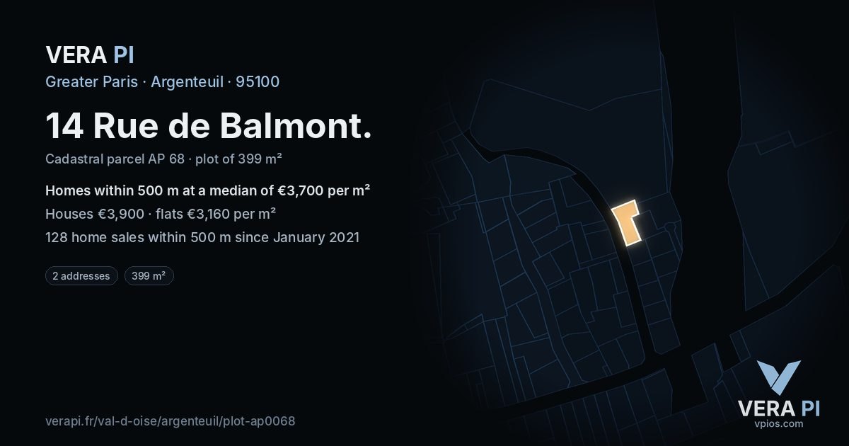 14 Rue de Balmont, Argenteuil at night – the plot lit, the parcels around coloured by the prices near them