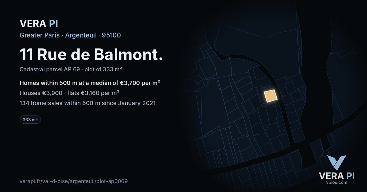 11 Rue de Balmont, Argenteuil at night – the plot lit, the parcels around coloured by the prices near them