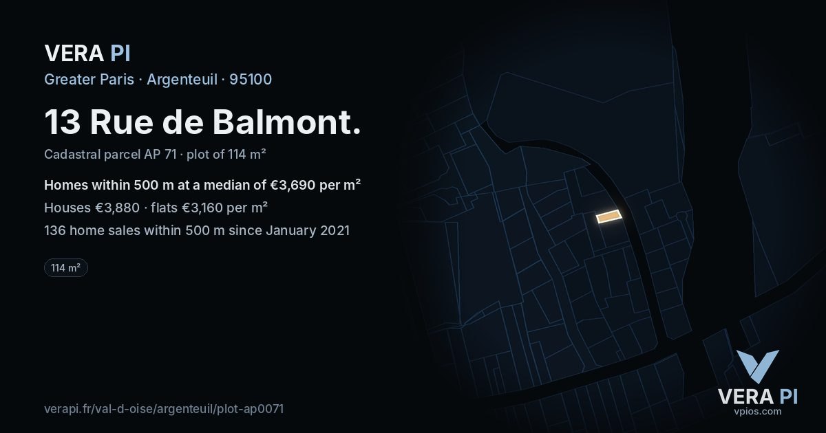13 Rue de Balmont, Argenteuil at night – the plot lit, the parcels around coloured by the prices near them