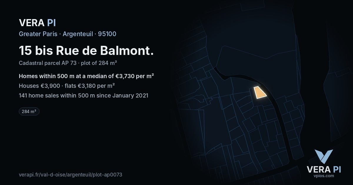 15 bis Rue de Balmont, Argenteuil at night – the plot lit, the parcels around coloured by the prices near them