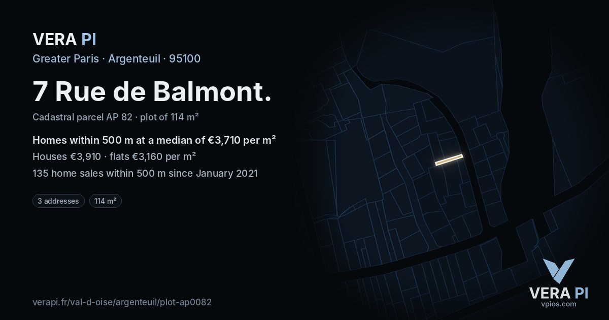 7 Rue de Balmont, Argenteuil at night – the plot lit, the parcels around coloured by the prices near them