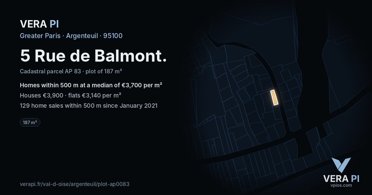 5 Rue de Balmont, Argenteuil at night – the plot lit, the parcels around coloured by the prices near them