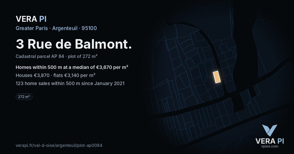 3 Rue de Balmont, Argenteuil at night – the plot lit, the parcels around coloured by the prices near them