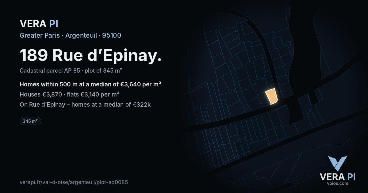 189 Rue d’Epinay, Argenteuil at night – the plot lit, the parcels around coloured by the prices near them