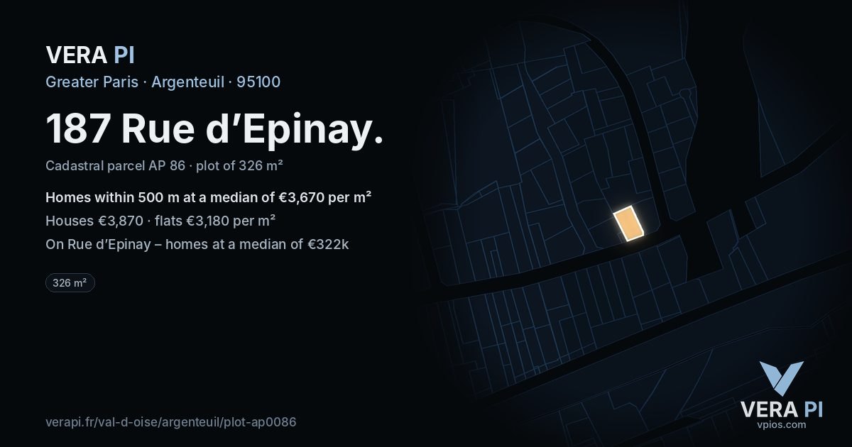 187 Rue d’Epinay, Argenteuil at night – the plot lit, the parcels around coloured by the prices near them