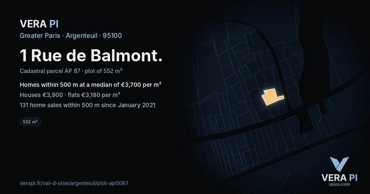 1 Rue de Balmont, Argenteuil at night – the plot lit, the parcels around coloured by the prices near them